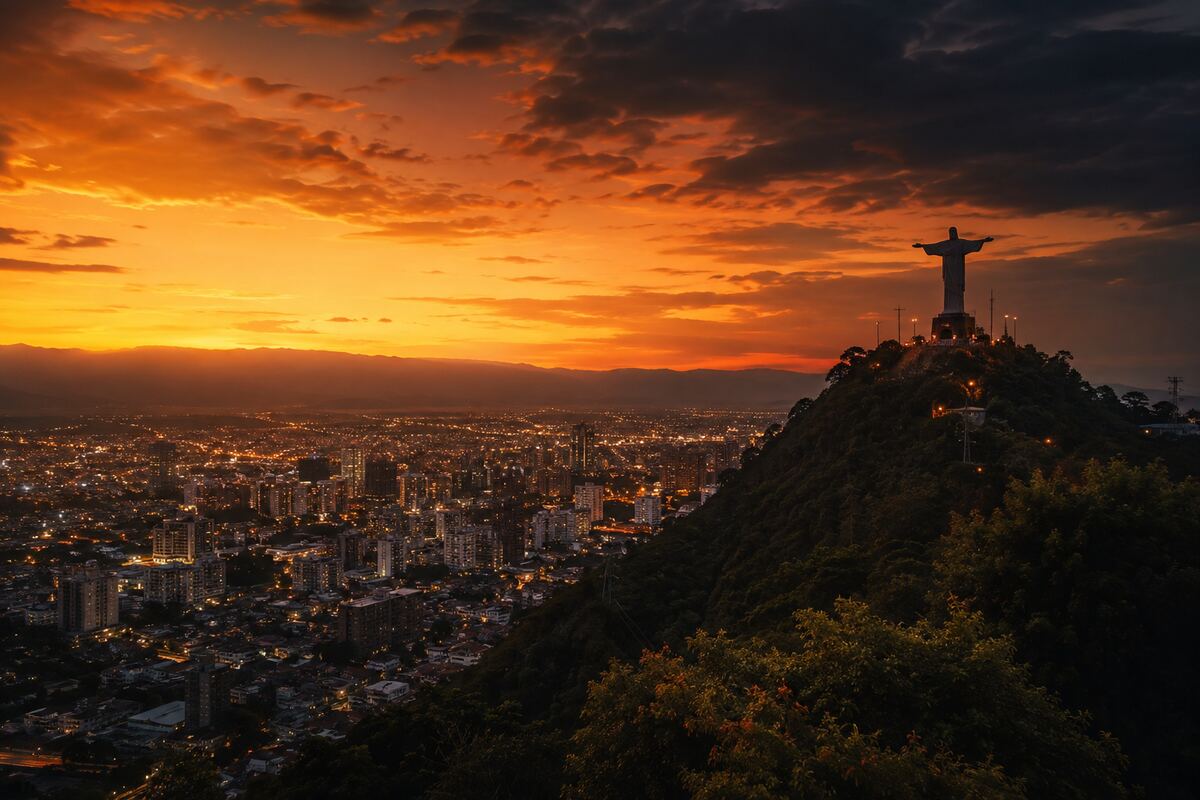 Cristo Rey statue overlooking Cali at sunset